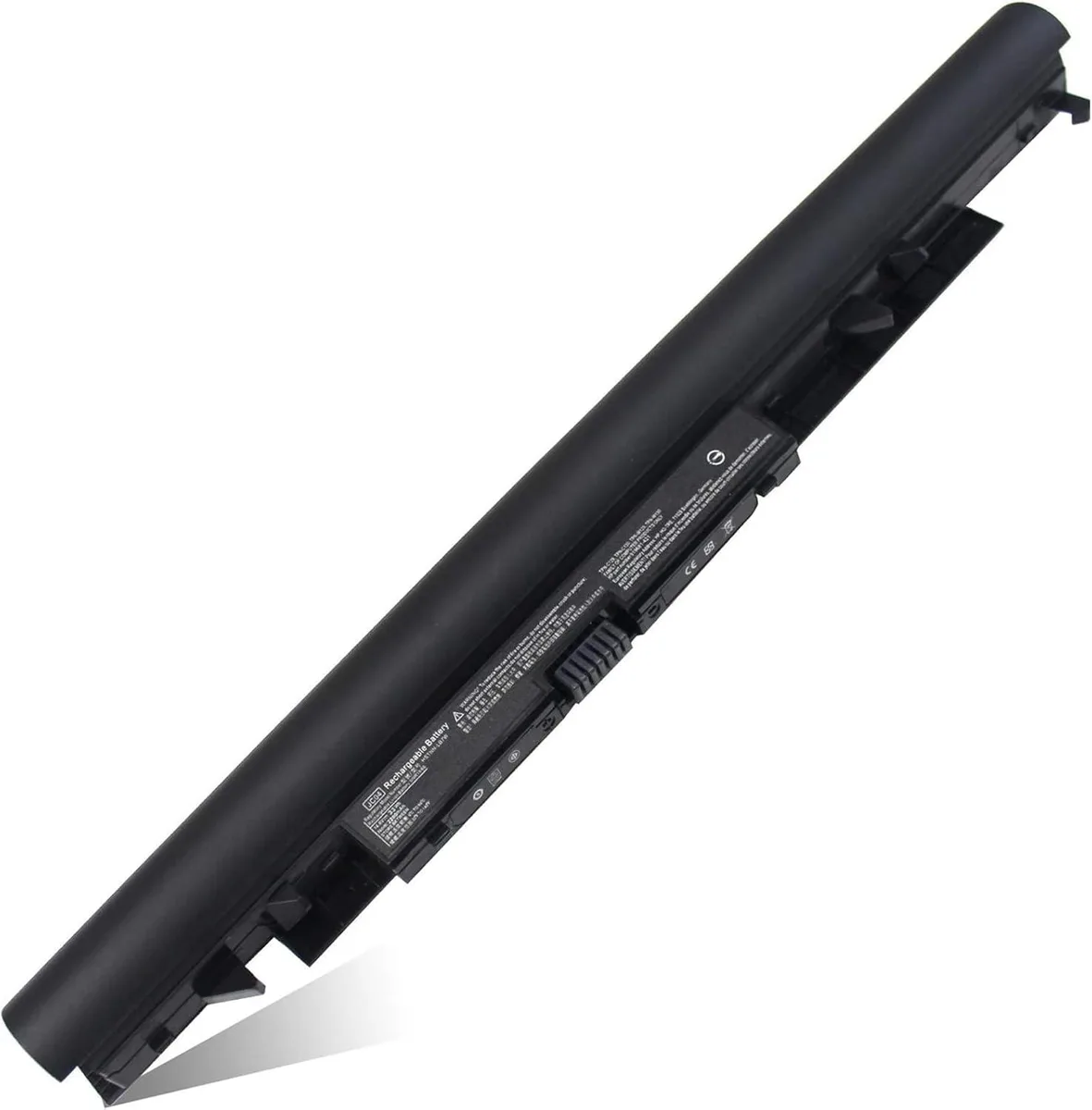 Rectangular black lithium-ion laptop battery with label and connector