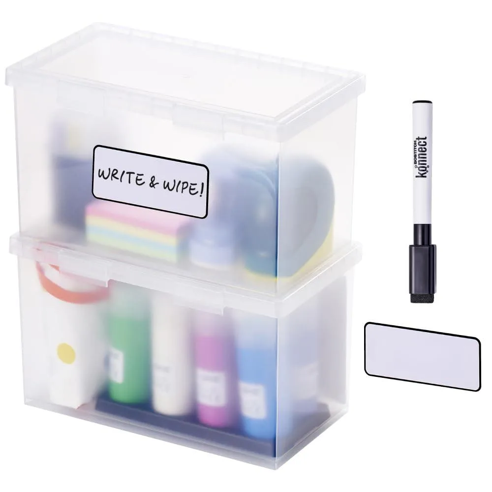 Two clear plastic boxes with attached hinged lids and latches, stacked together