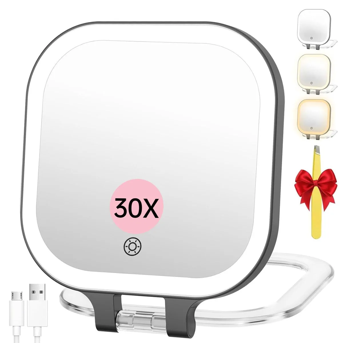  FASCINATE 30X Travel Makeup Mirror 7" Black 72 LED 2000mAh 300° Rotating — product photo