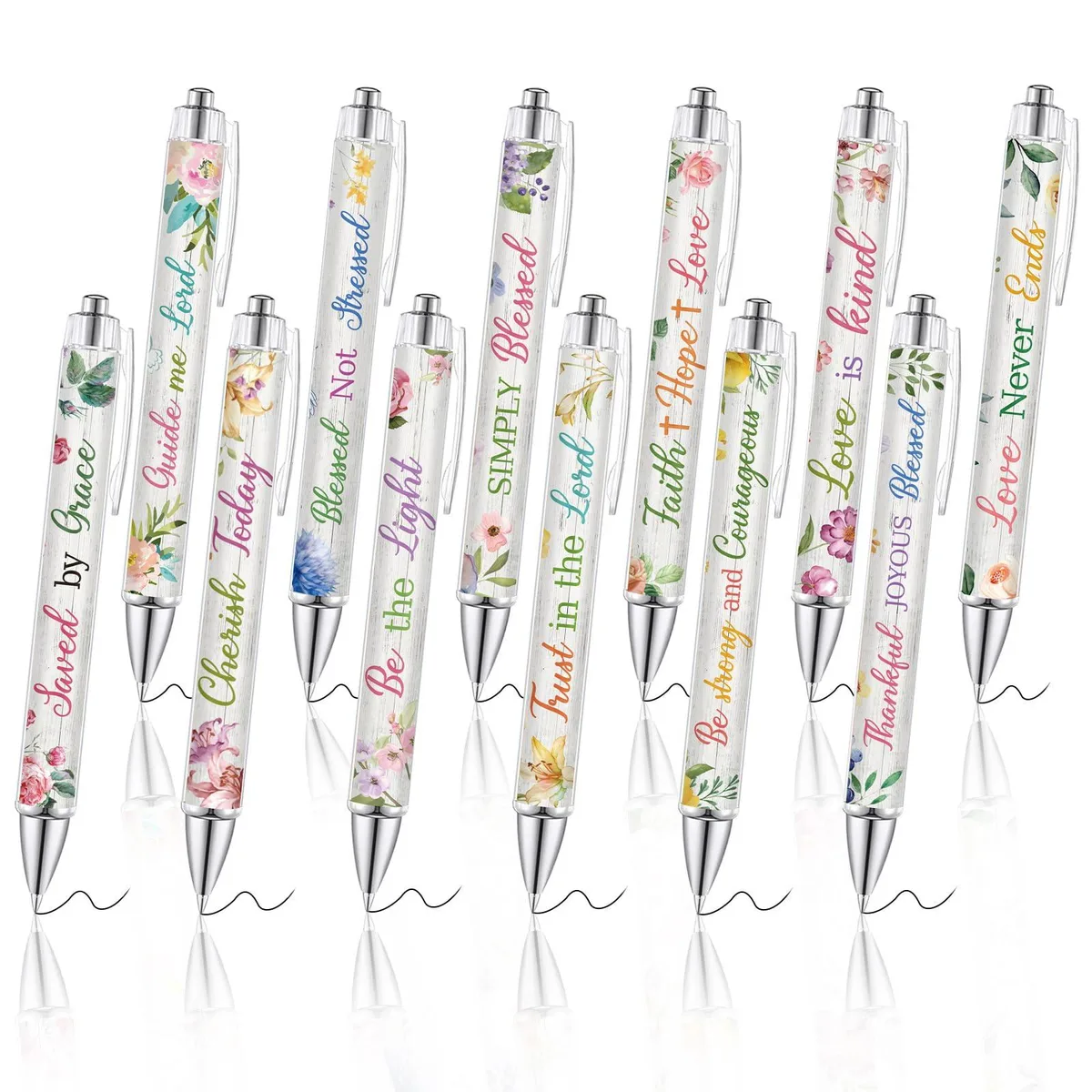Twelve floral ballpoint pens with inspirational quotes, blue finish, retractable design