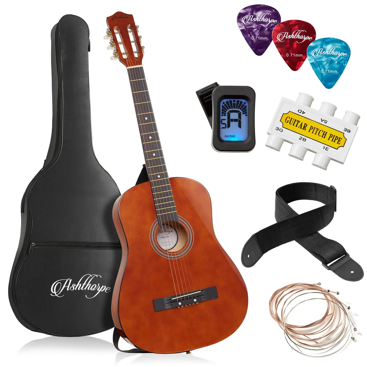 Ashthorpe Ashthorpe 38-inch Beginner Acoustic Guitar (Brown) Starter Kit — product photo