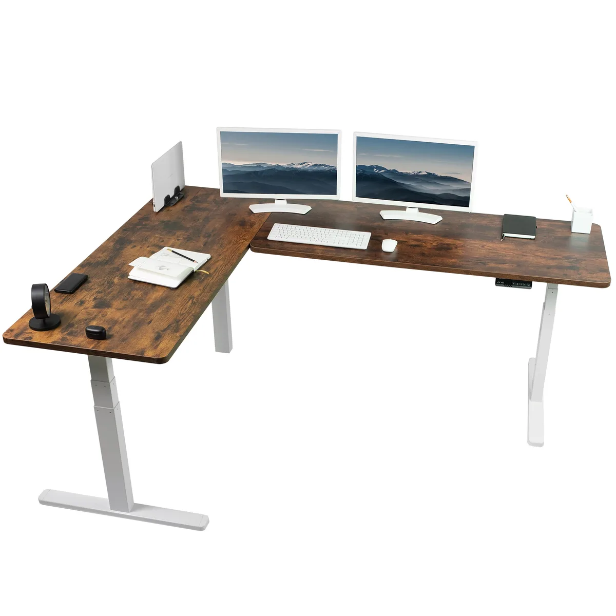 VIVO VIVO Electric Corner Desk 83"x60" Vintage Brown/White — product photo