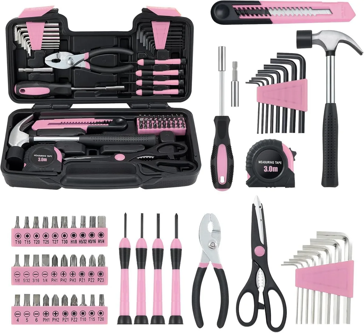 Pink plastic toolbox case containing 58-piece household tool set with hammer, pliers, screwdrivers, bits, hex keys, tape measure