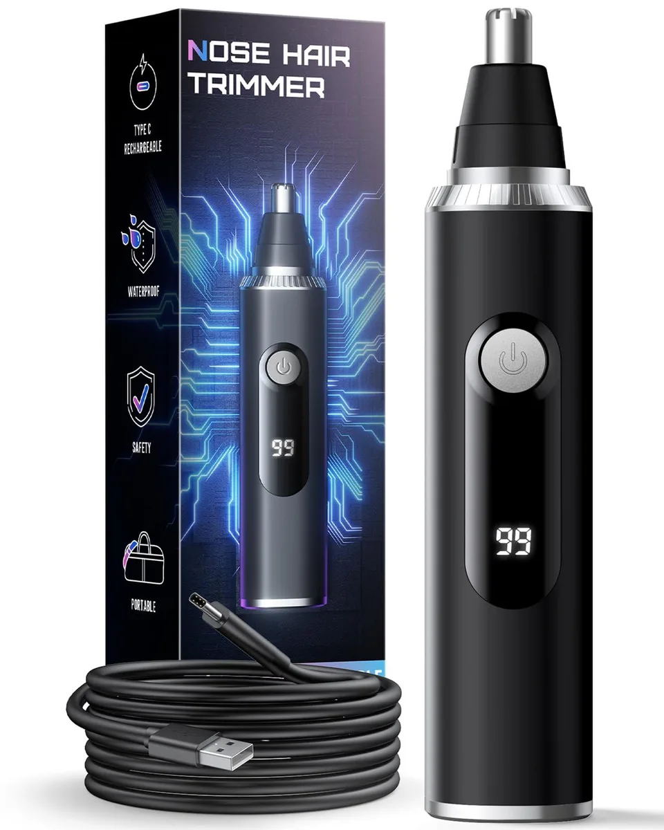 Black cylindrical nose hair trimmer with LED display and detachable head