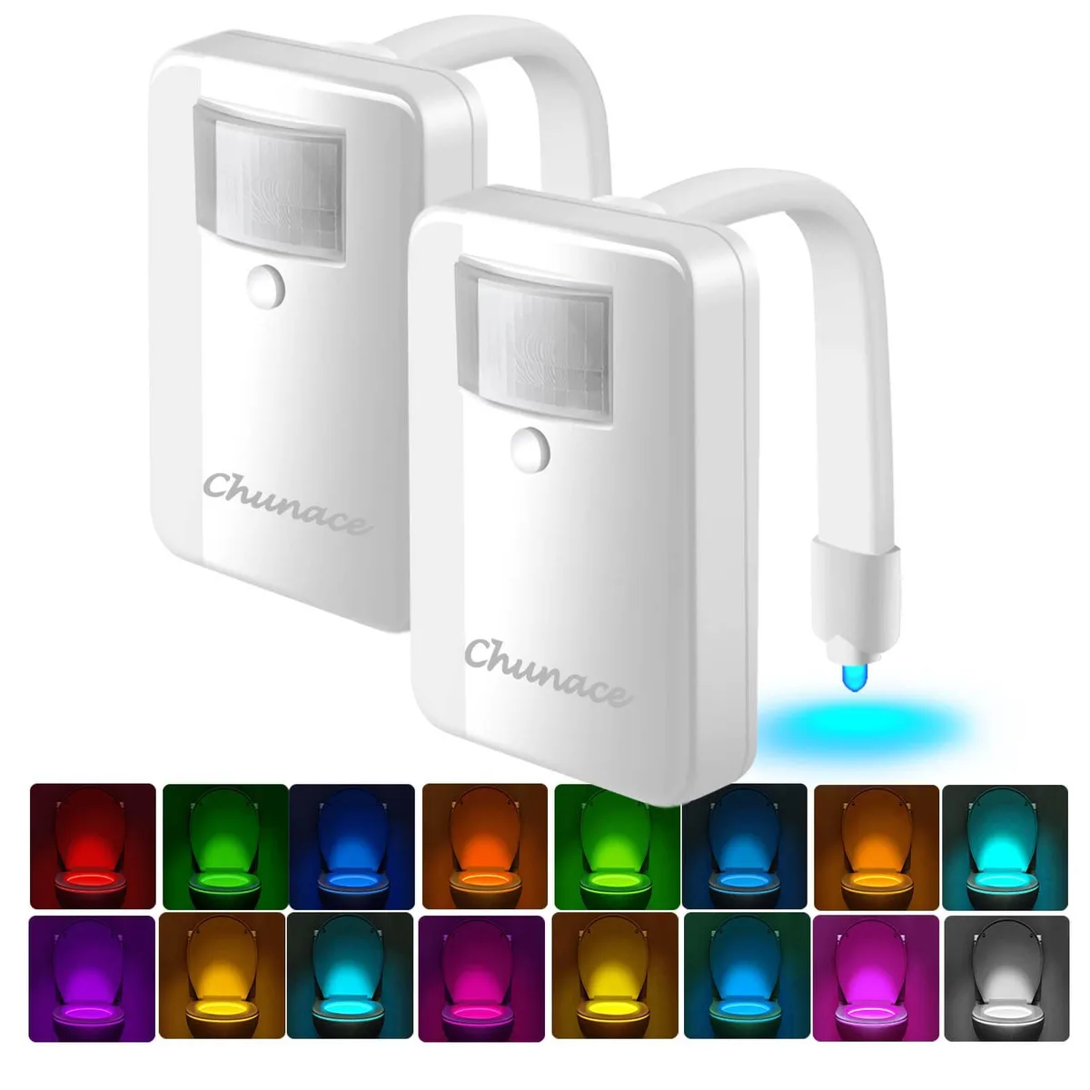 Two square plastic toilet lights in polished chrome finish, motion activated with 16 color modes