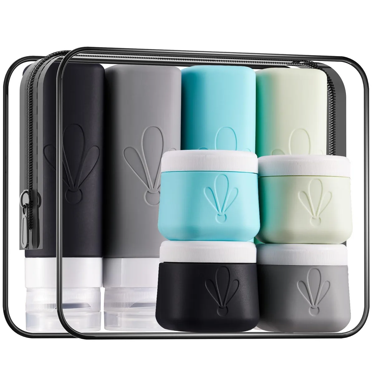 Black silicone travel bottles and jars in clear toiletry bag