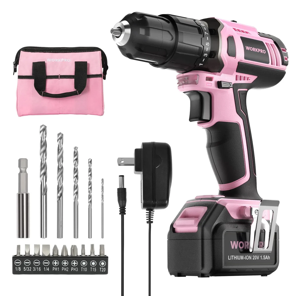 Pink cordless drill driver set with battery charger and storage bag