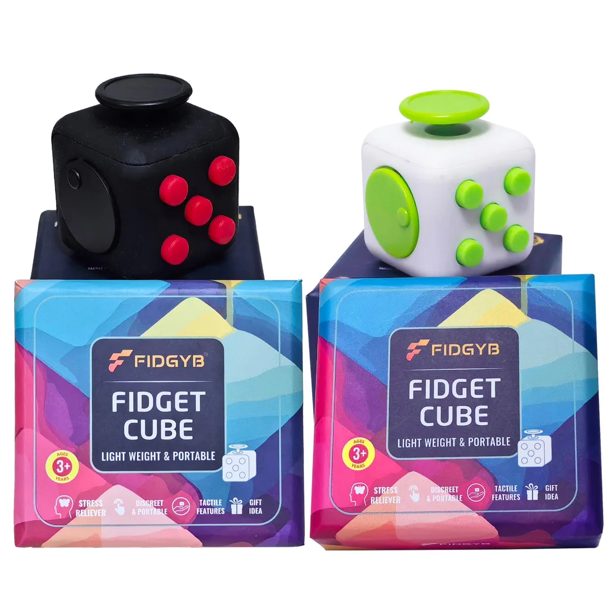 Two small plastic cubes with textured sides, one blue and red, one white and green