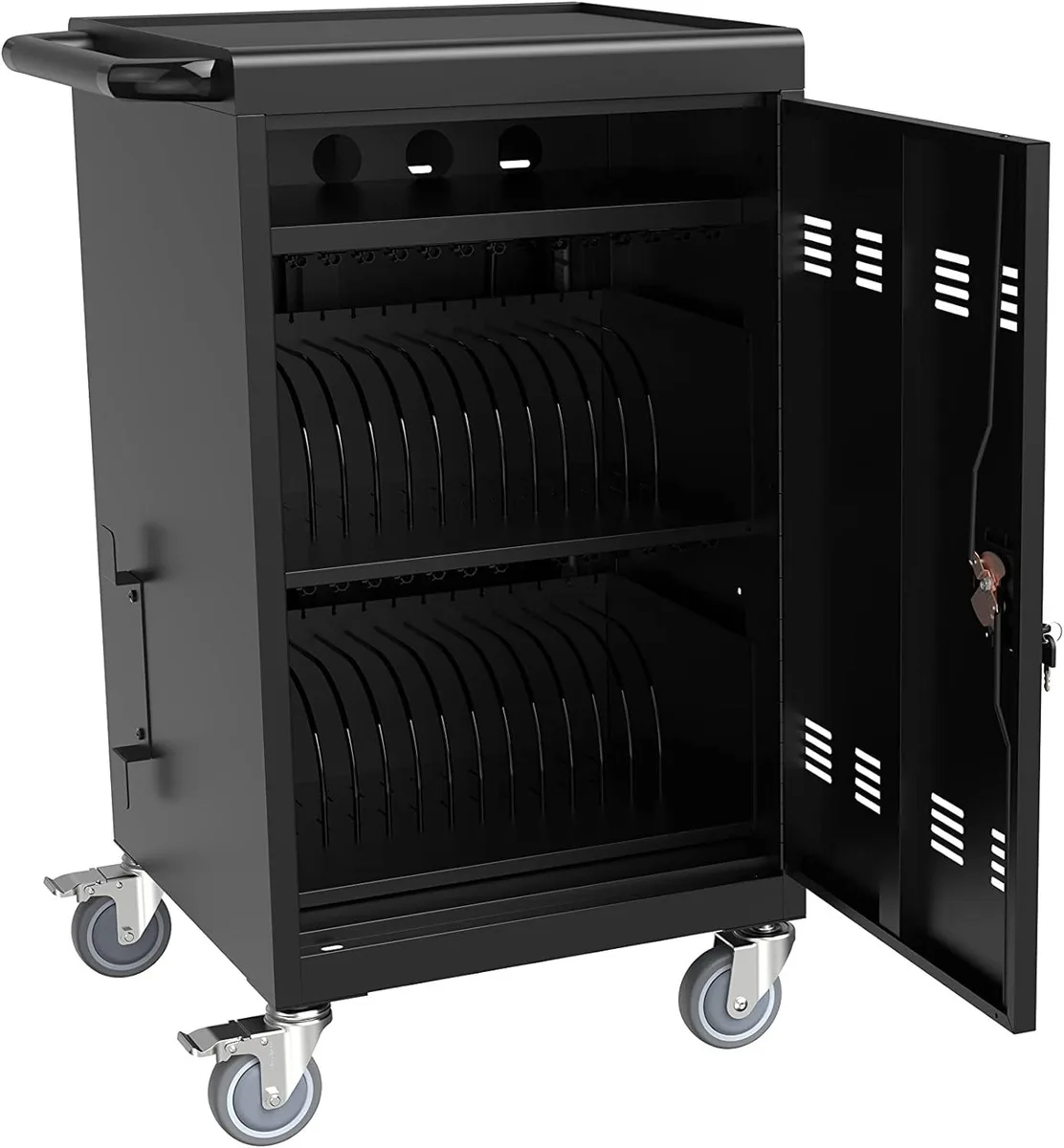 Grey steel mobile charging cart with 32 device slots, four wheels and cable management trays