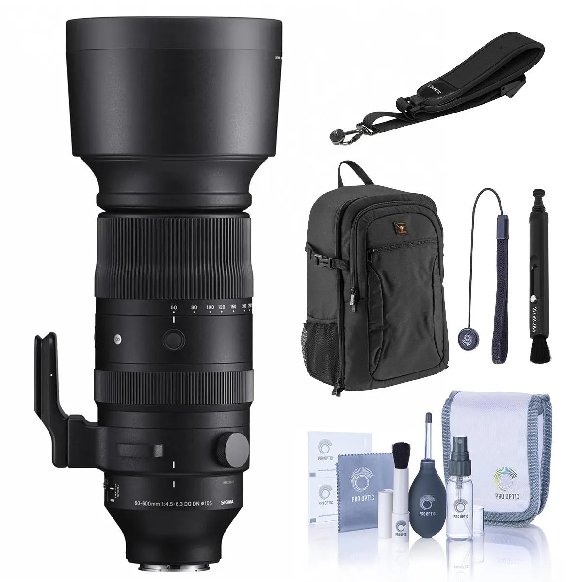 SIGMA SIGMA 60-600mm f/4.5-6.3 DG DN OS Sports lens bundle with 105mm filter, backpack, strap, cleaning kit — product photo