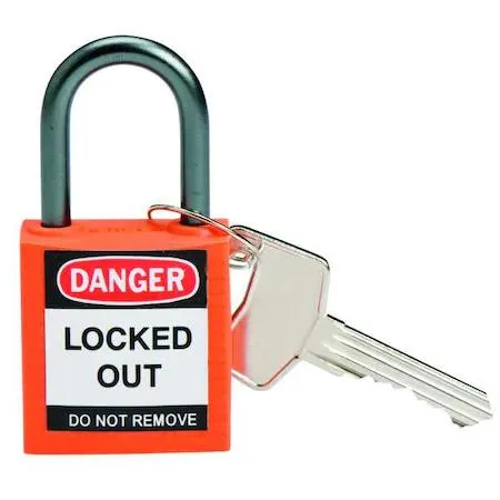 Orange thermoplastic rectangular lockout padlock with aluminium shackle and mechanical push button
