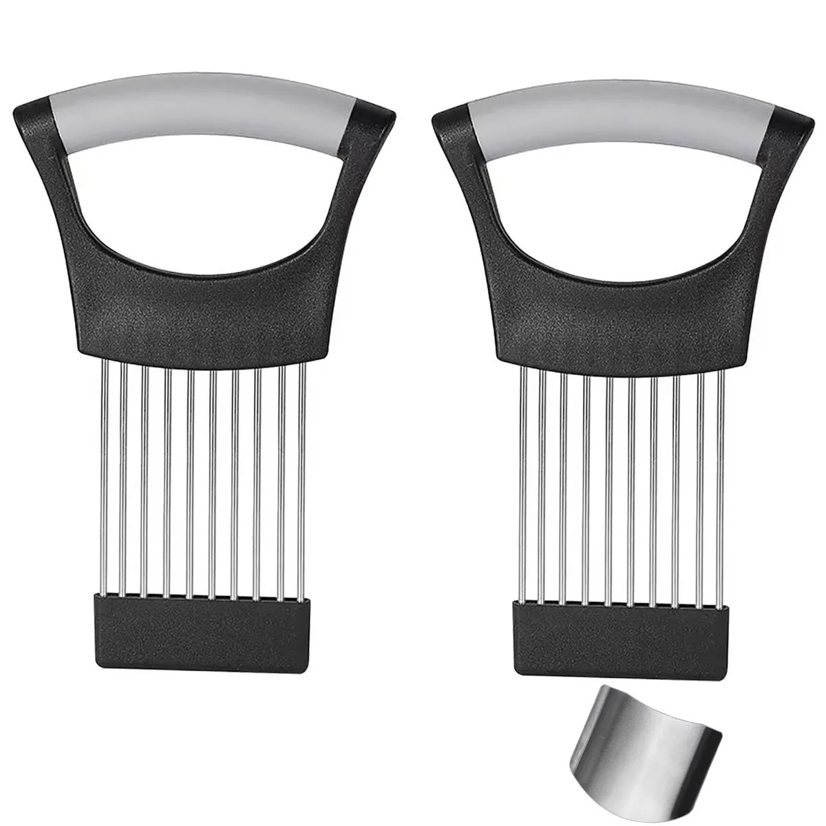 Stainless steel onion holder with finger guards, silver finish