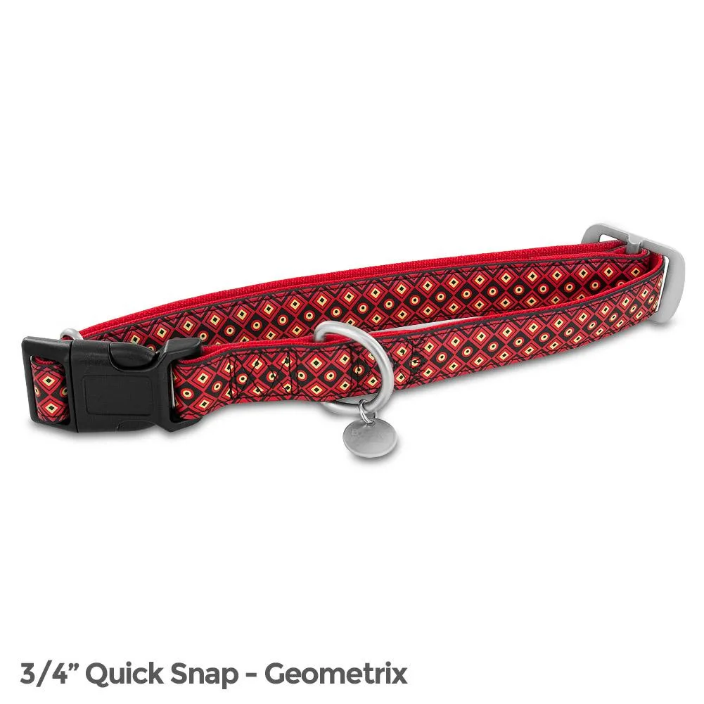 Medium dog collar in Geometrix faux leather with brushed nickel hardware and charm
