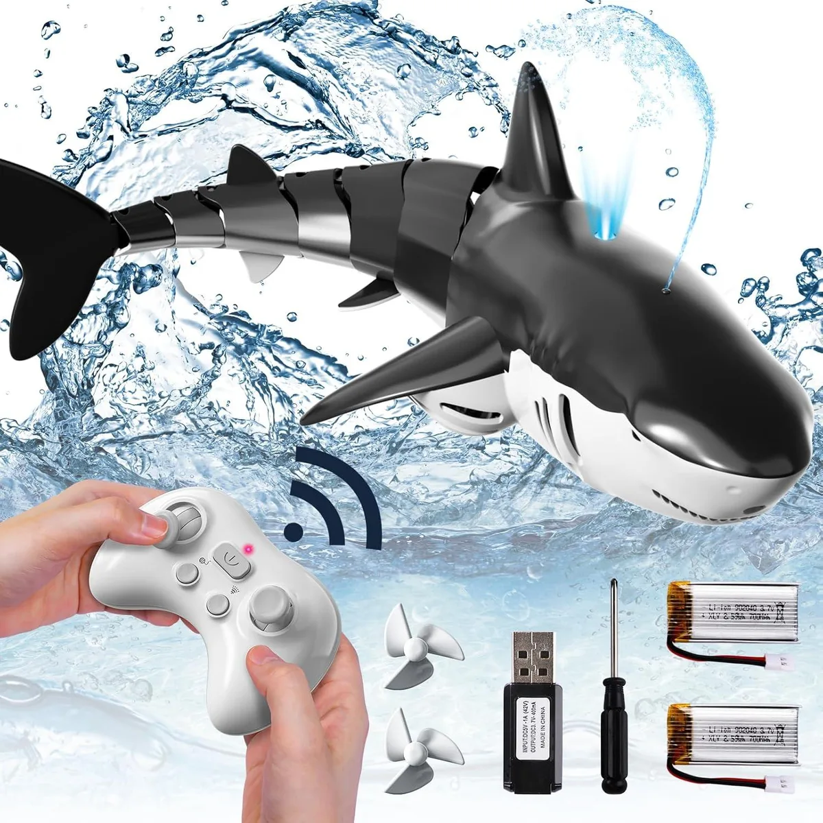 usbroway usbroway 1:18 Scale RC Shark Toy 2.4GHz Waterproof Remote Light Spray — product photo