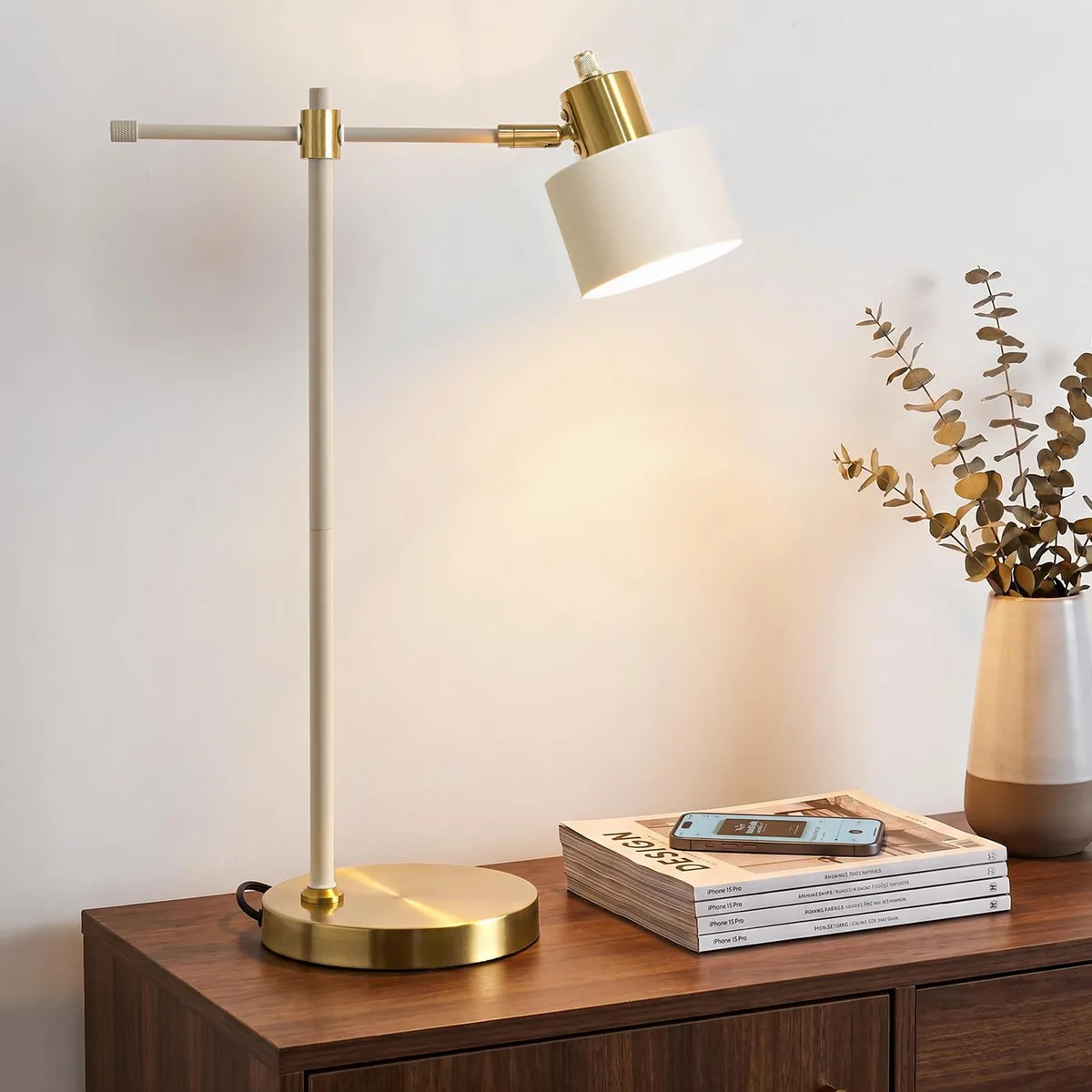 Cream metal desk lamp, gold base, adjustable shade, 22.2 inches tall