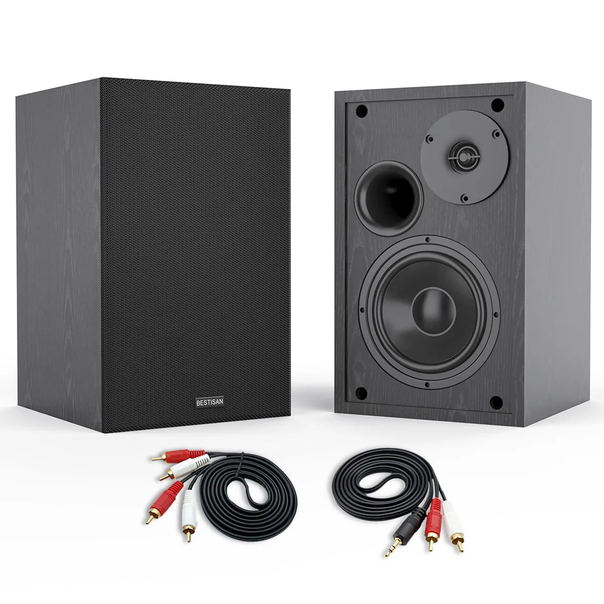 Pair of black rectangular powered bookshelf speakers with 4-inch woofers and silk dome tweeters, Bluetooth 5.0, touch control