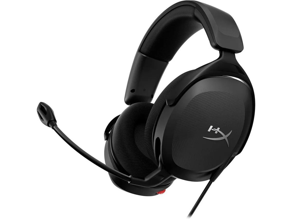Black over-ear gaming headset with adjustable headband, flexible boom microphone and on-ear controls