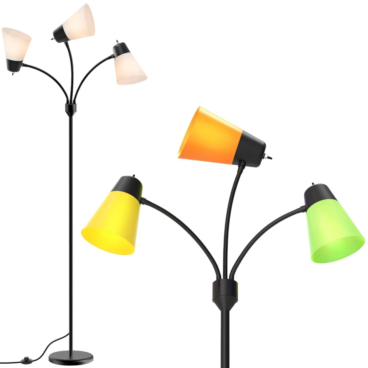 Black arc floor lamp with three adjustable arms and white or colourful shades