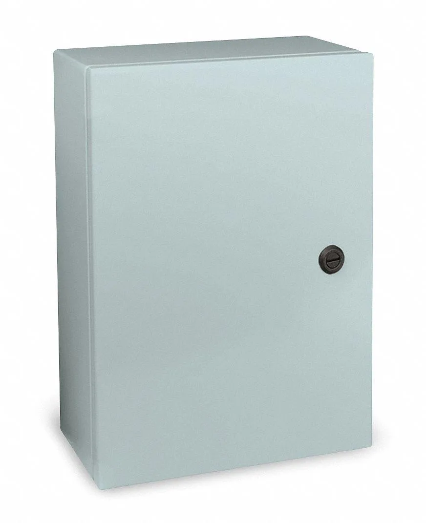 Gray painted carbon steel wall mount enclosure with quarter turn latch 16 by 12 by 6 inches