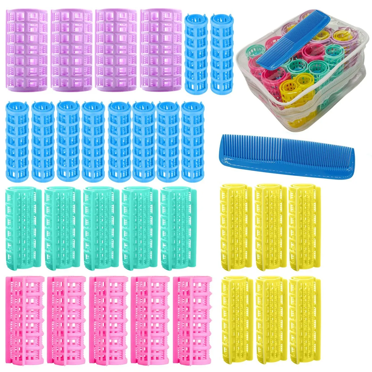 Thirty plastic rollers in five colours and sizes with a blue mini comb inside a transparent zipper bag