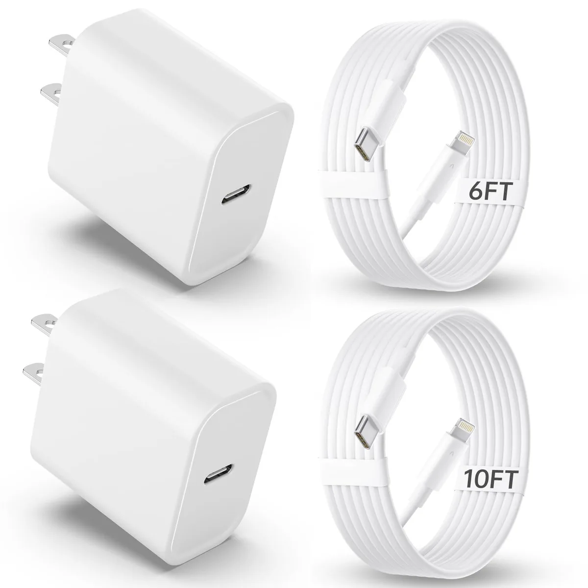 Two white USB-C wall chargers with matching Lightning cables in six and ten foot lengths