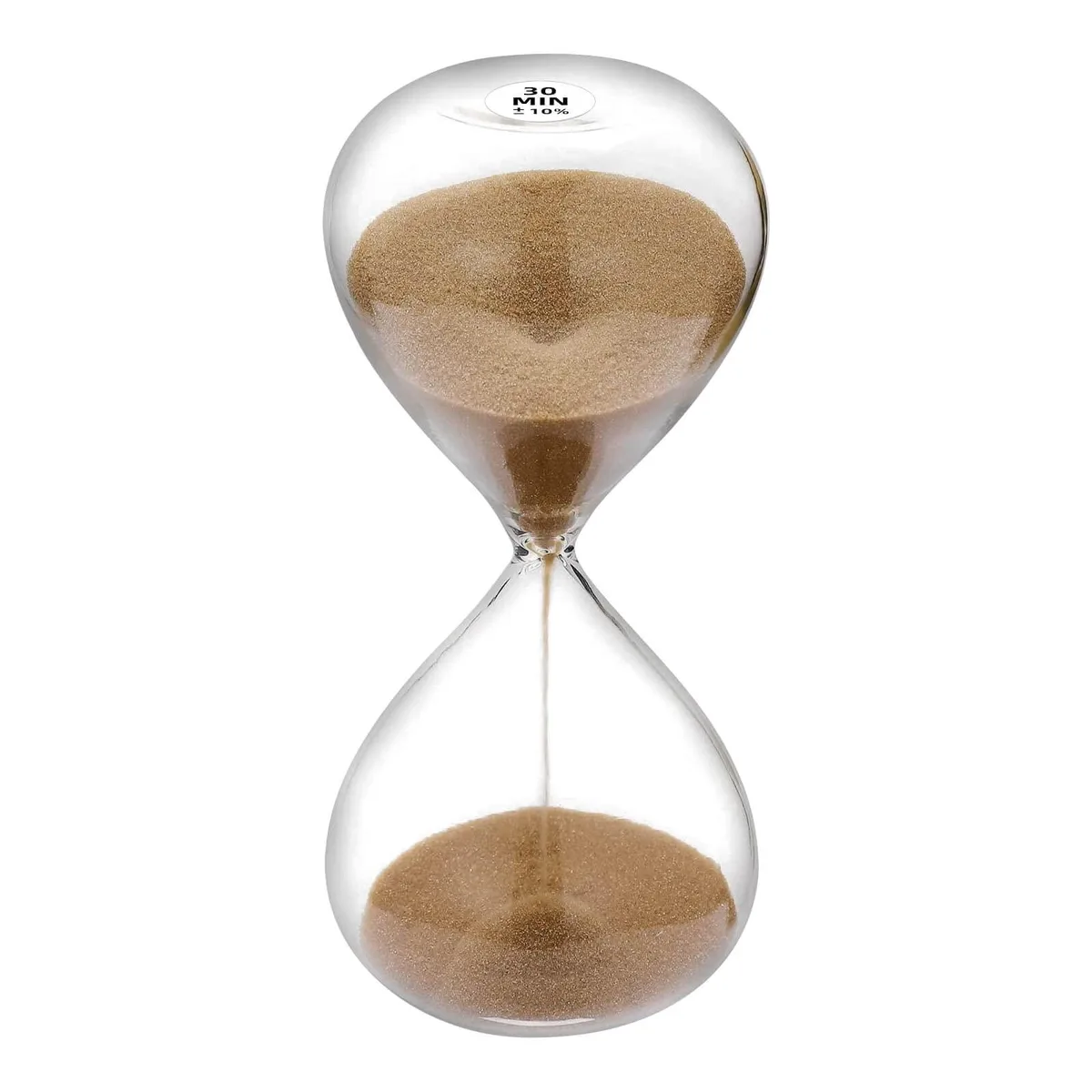 Copper-finished round plastic hourglass with brown sand, about five inches tall