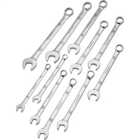 Eleven metric combination wrenches in mirror chrome finish, 9 to 19mm, in canvas roll