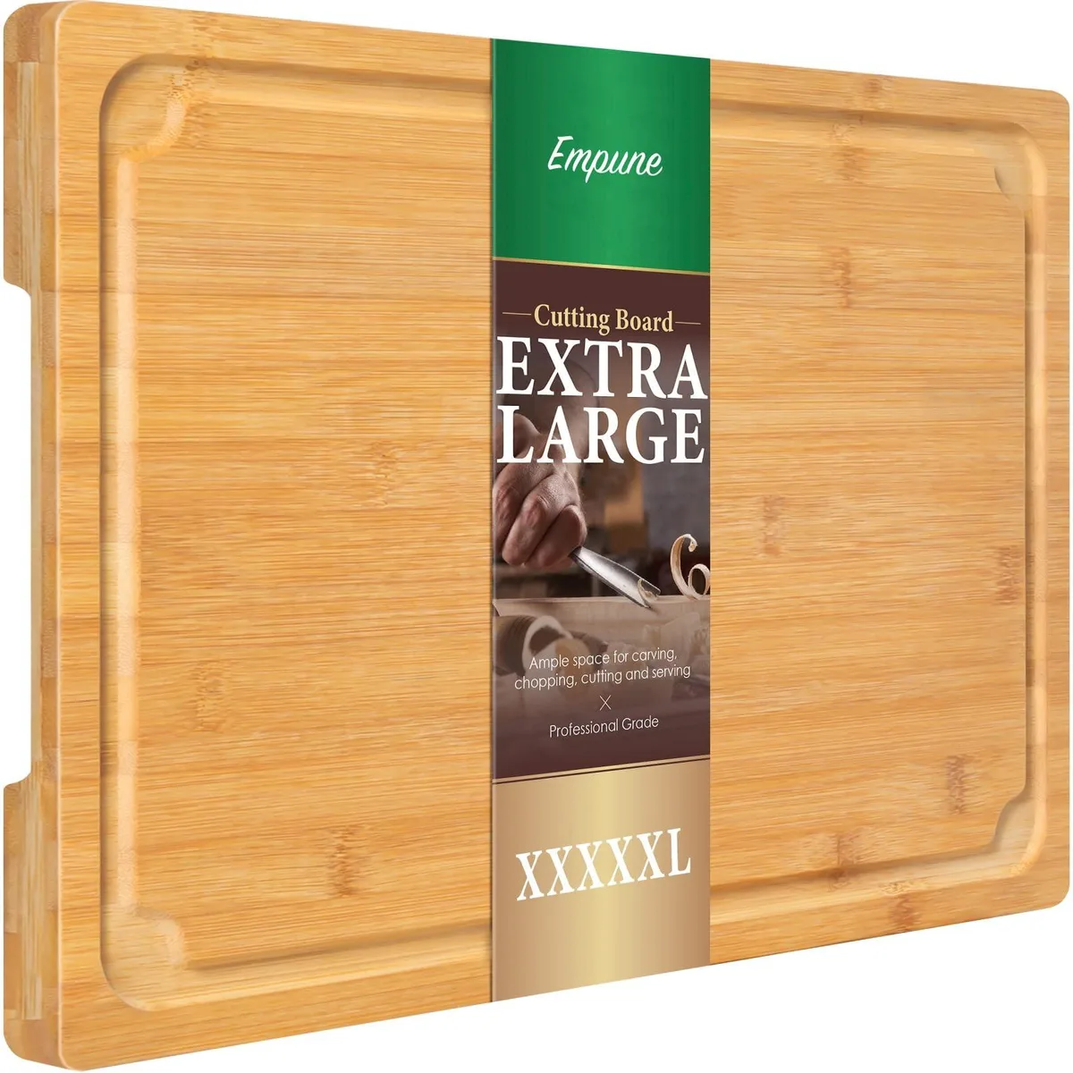 Large rectangular bamboo cutting board with juice groove and built-in side handles