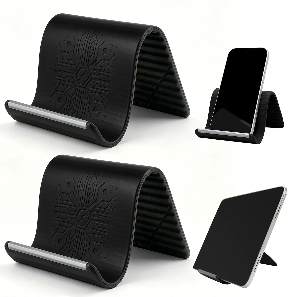Two black flexible silicone phone stands with bendable aluminum cores, folded flat
