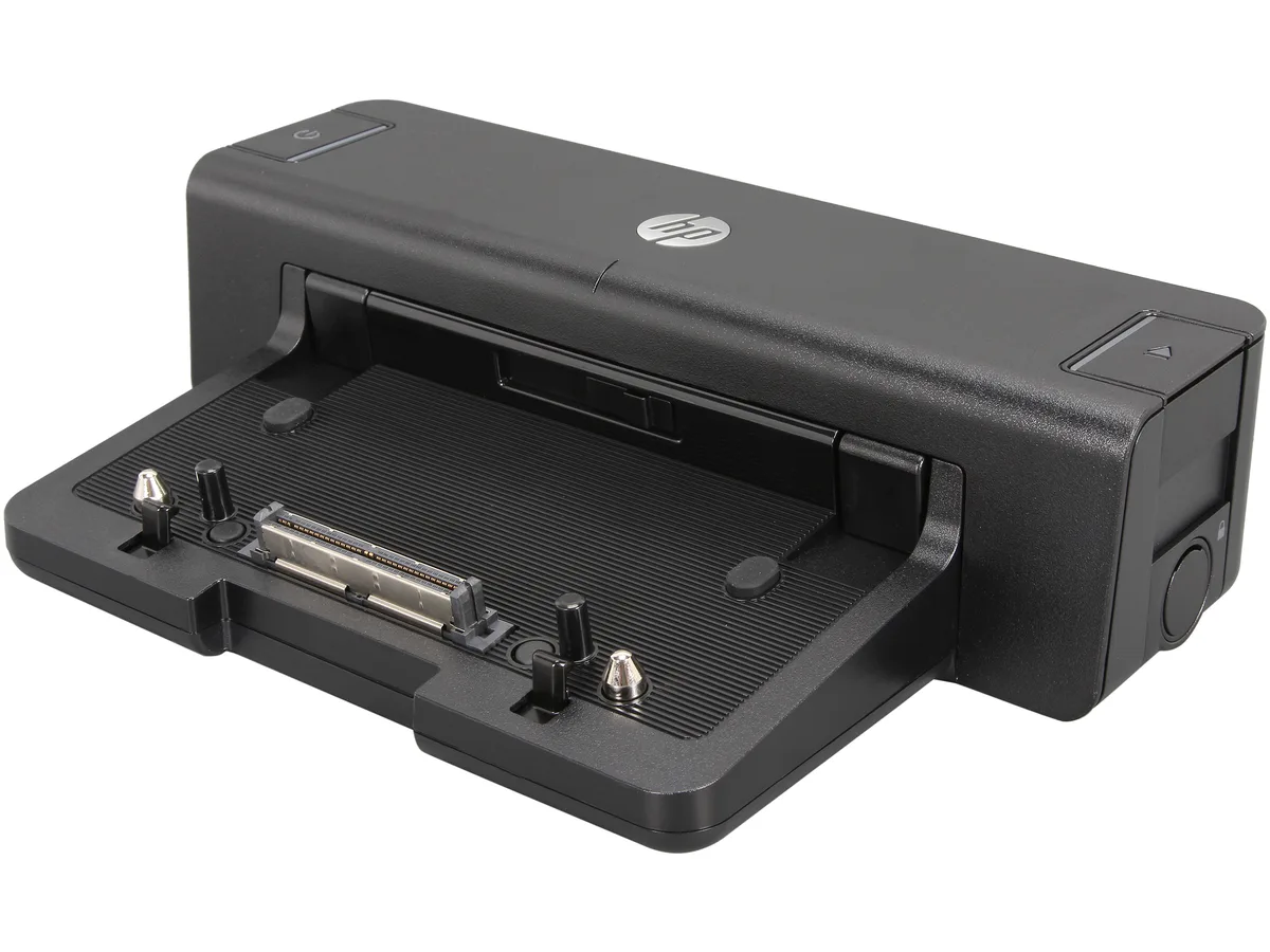 Black rectangular HP docking station with multiple ports on front and back