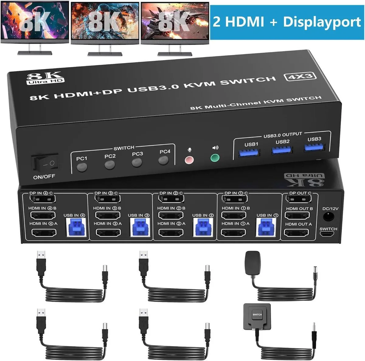 Vszerda Vszerda 4-Port Triple-Monitor KVM Switch 2 HDMI + DP 8K@60Hz 4K@144Hz 3 USB 3.0 Audio — product photo