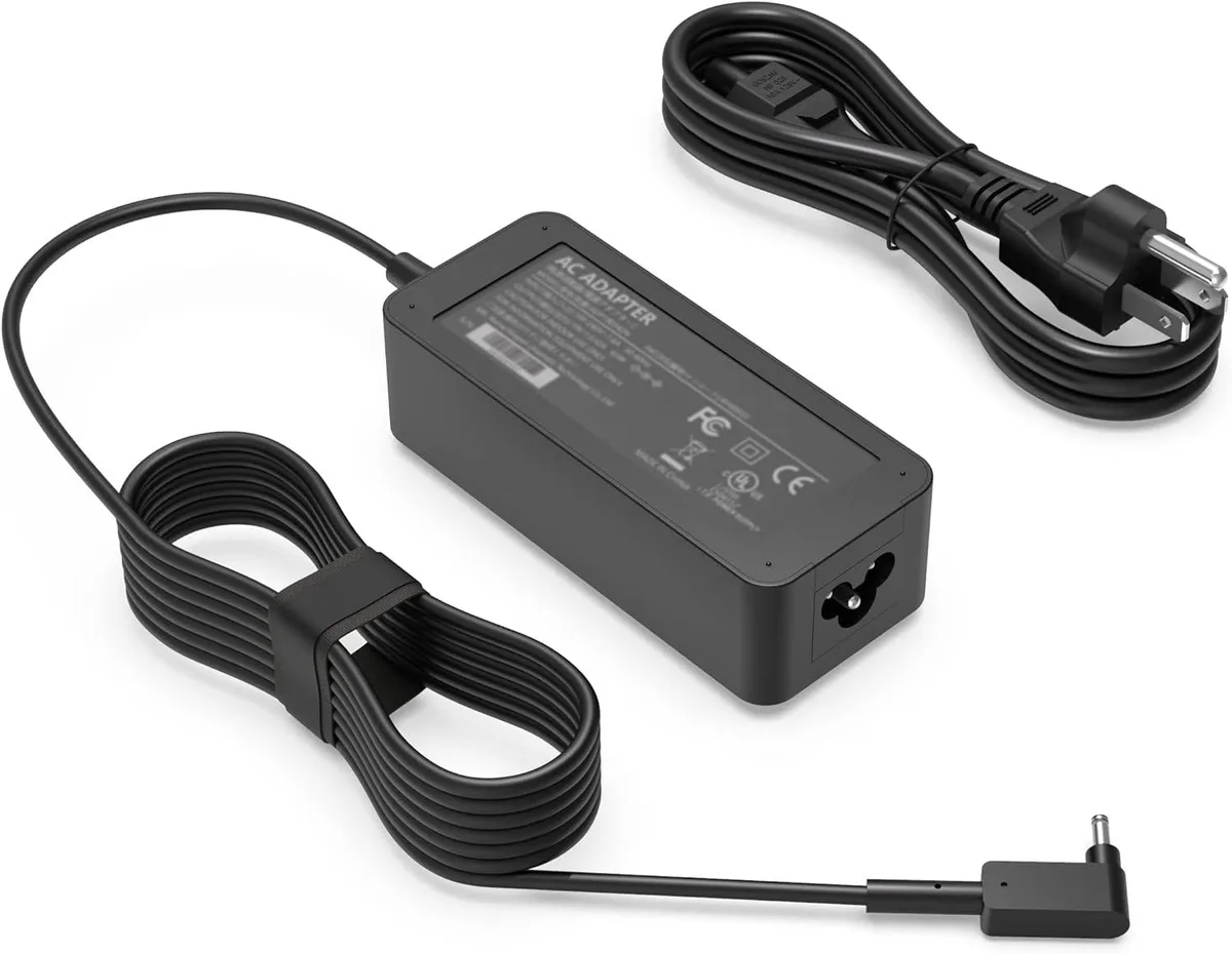 Black rectangular AC adapter with round barrel connector and detachable power cord