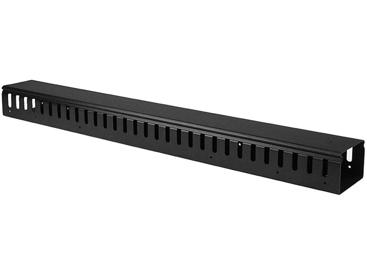 Black vertical cable organiser with finger ducts, 20U height, steel and plastic frame