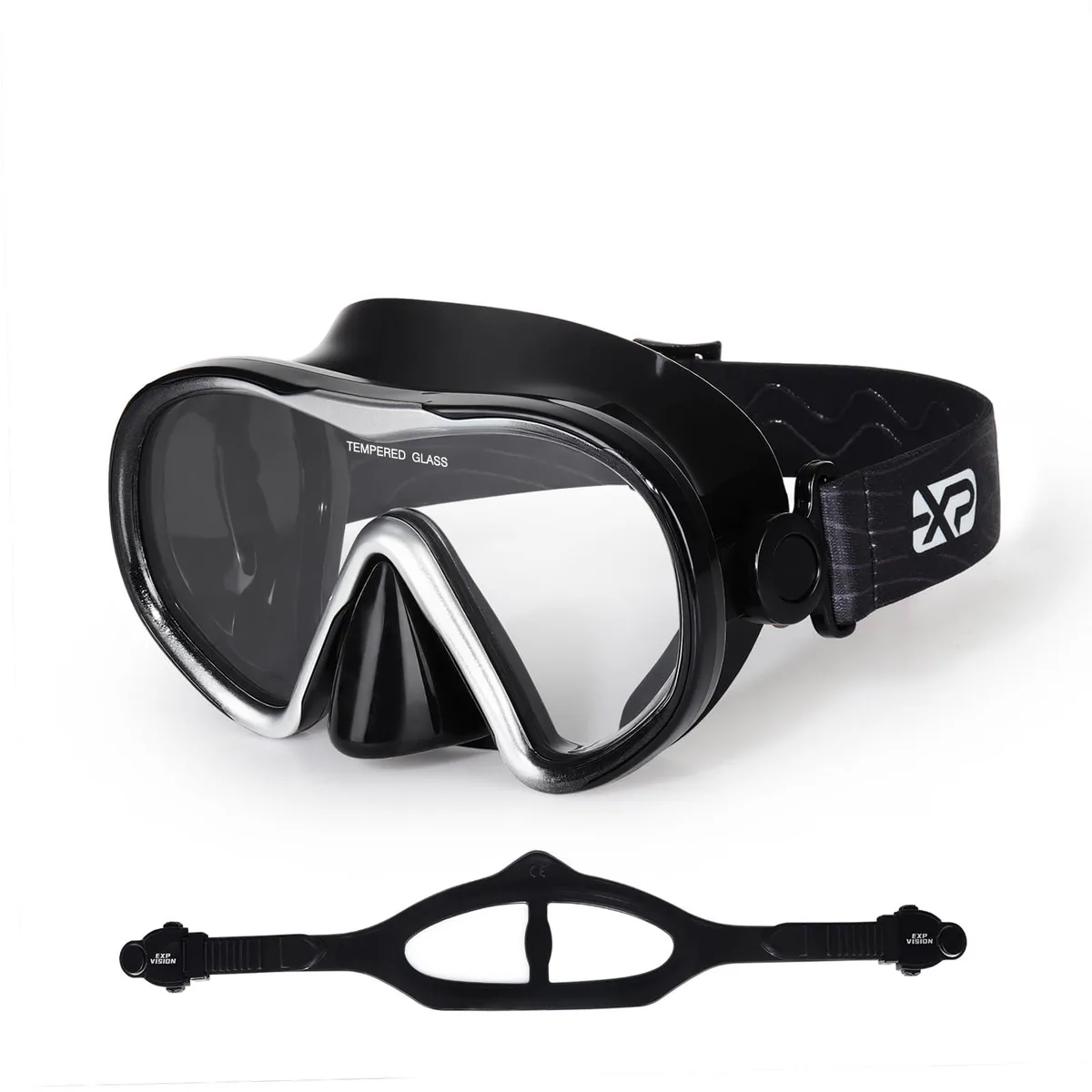 Black single-lens diving mask with tempered glass and fabric strap
