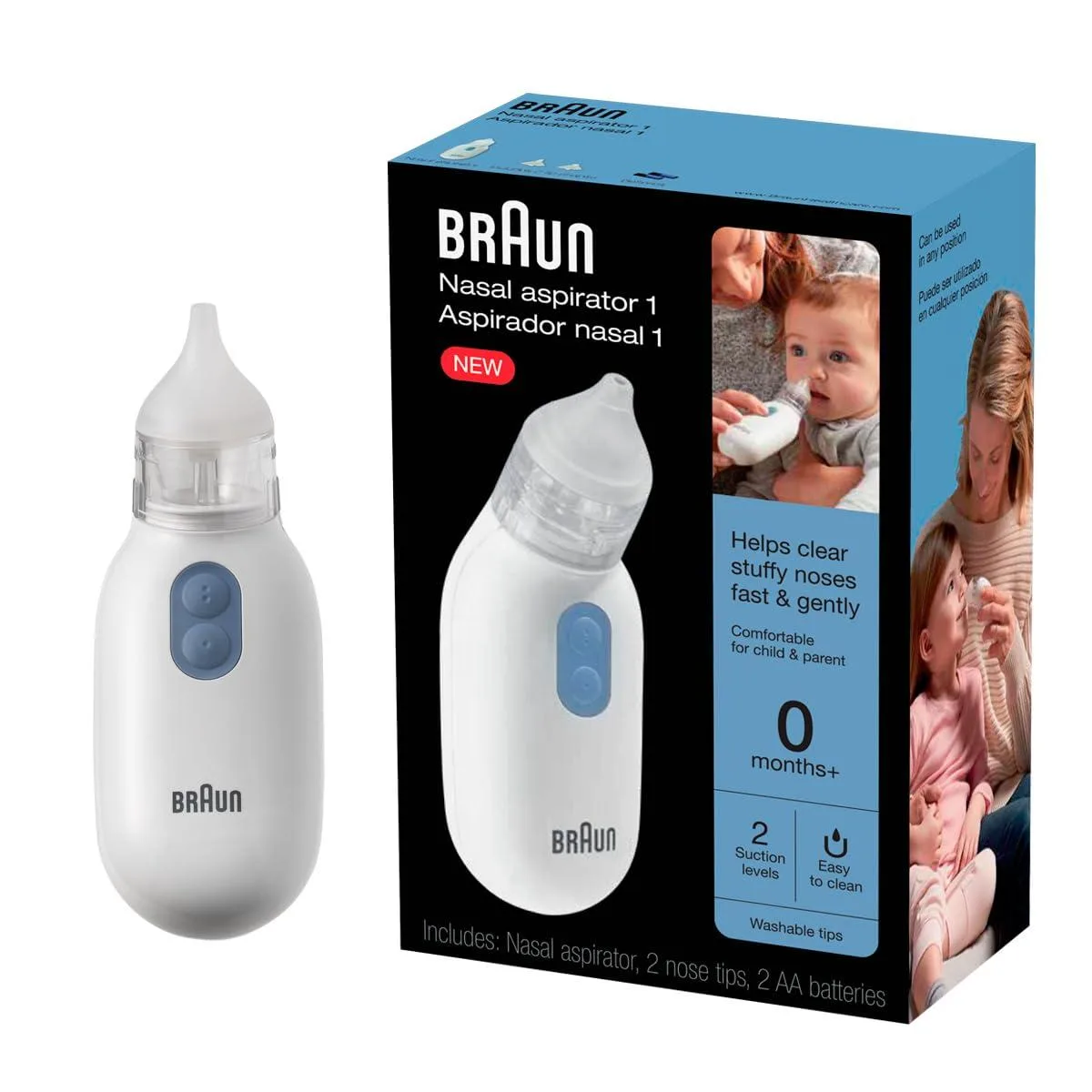 White electric nasal aspirator with two suction tips and storage pouch