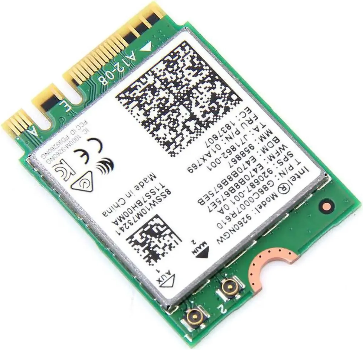Small green M.2 2230 Key E Wi-Fi card with two antenna connectors
