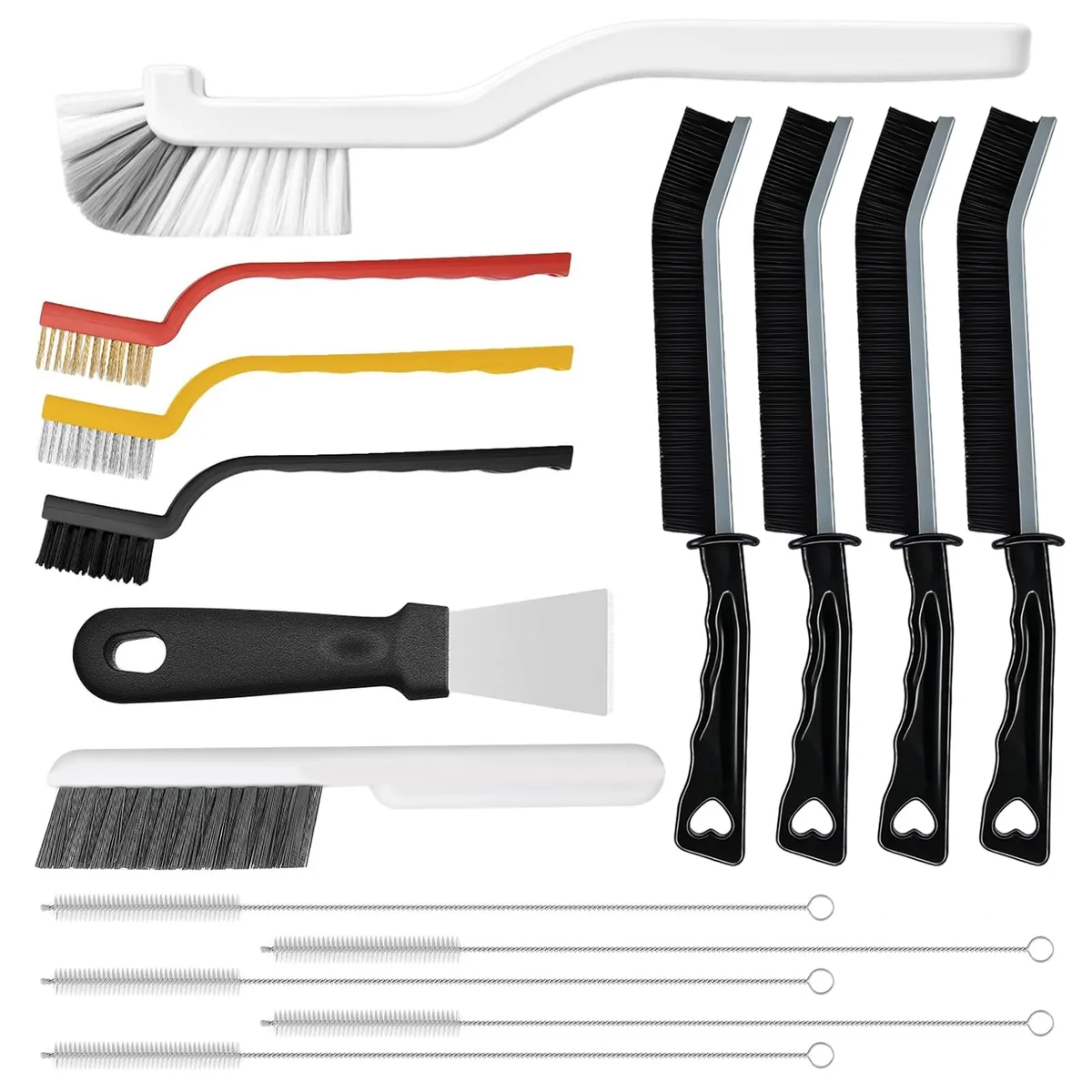 Fifteen-piece crevice cleaning kit with assorted brushes and scraper, plastic handles, hard bristles