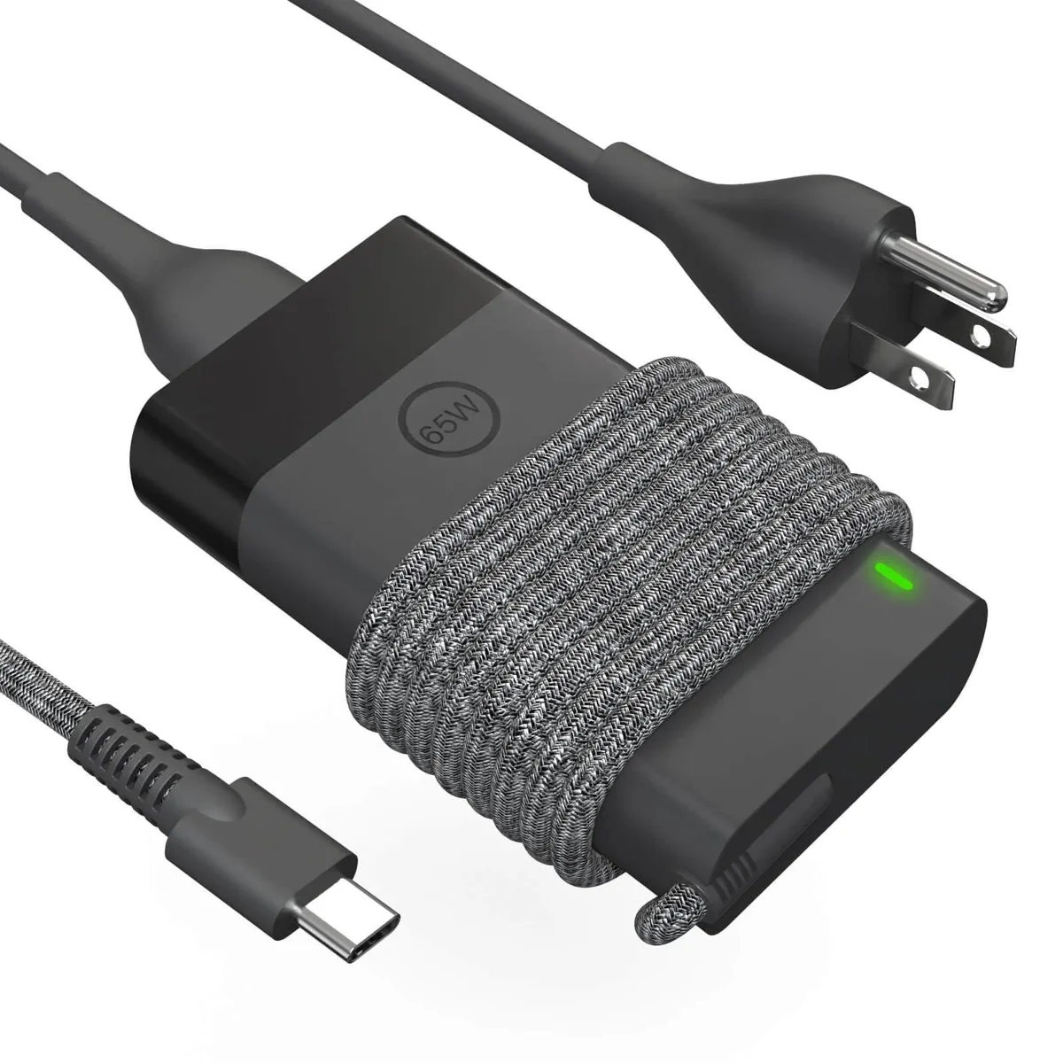 Compact black rectangular USB-C power adapter with integrated cable and standard wall plug