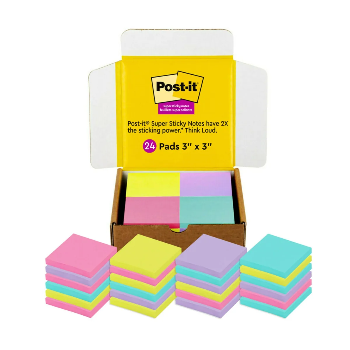 A tray holding 24 square sticky-note pads in neon colours