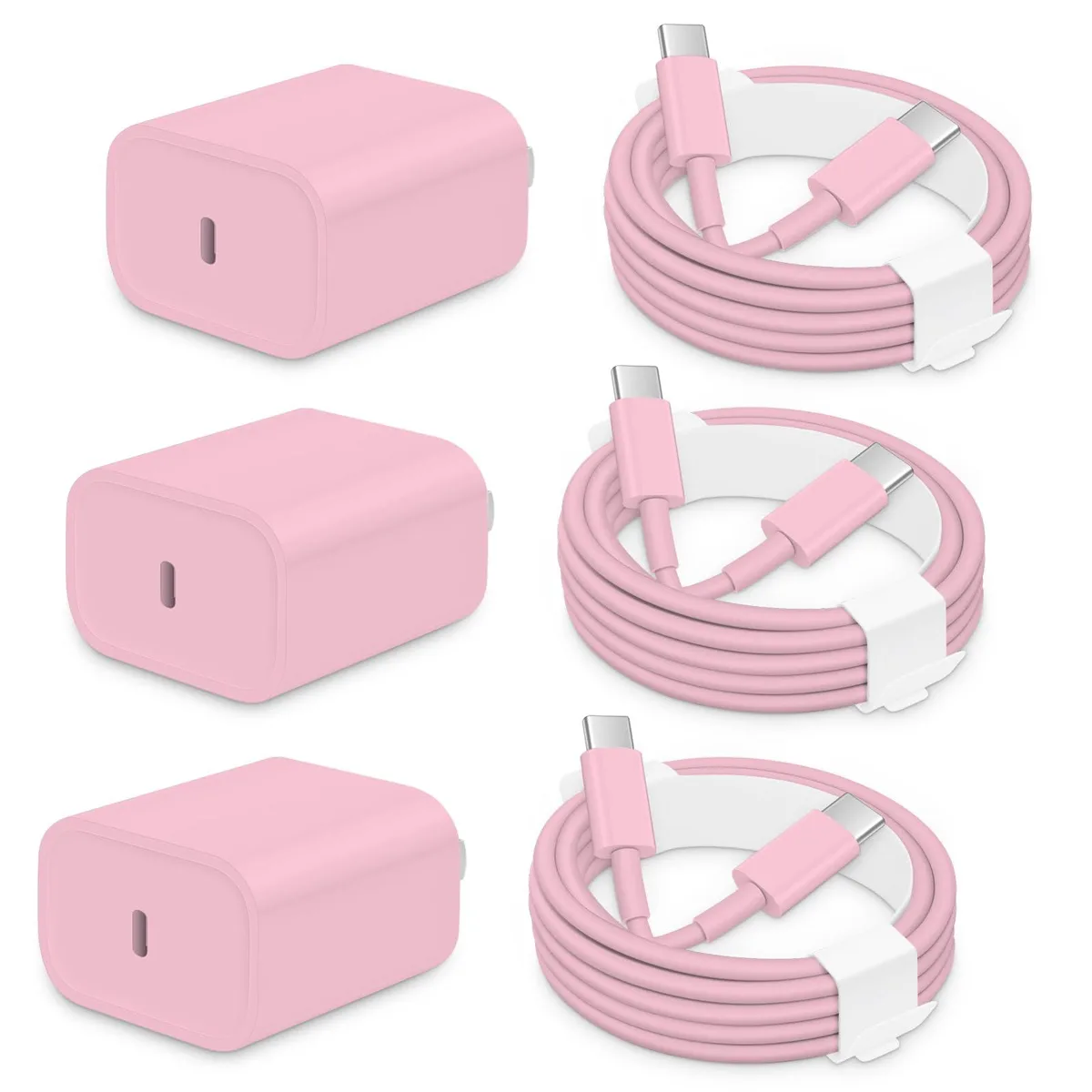 Three pink USB-C wall chargers with matching 6ft cables