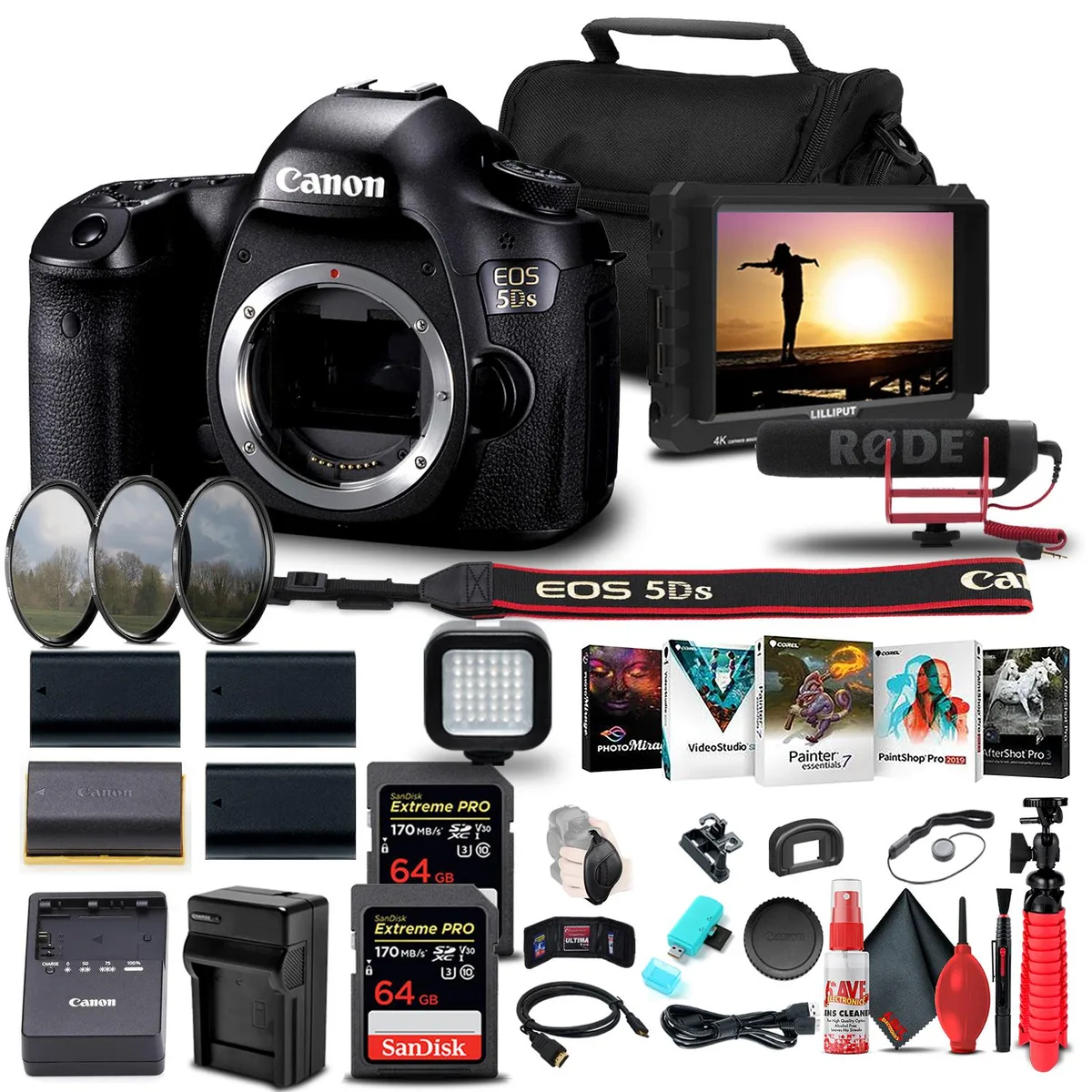 Canon Canon EOS 5DS 50.6MP Body Kit with 7" Monitor, Mic, 64GB Cards, Batteries, Software, Case, Tripod — product photo