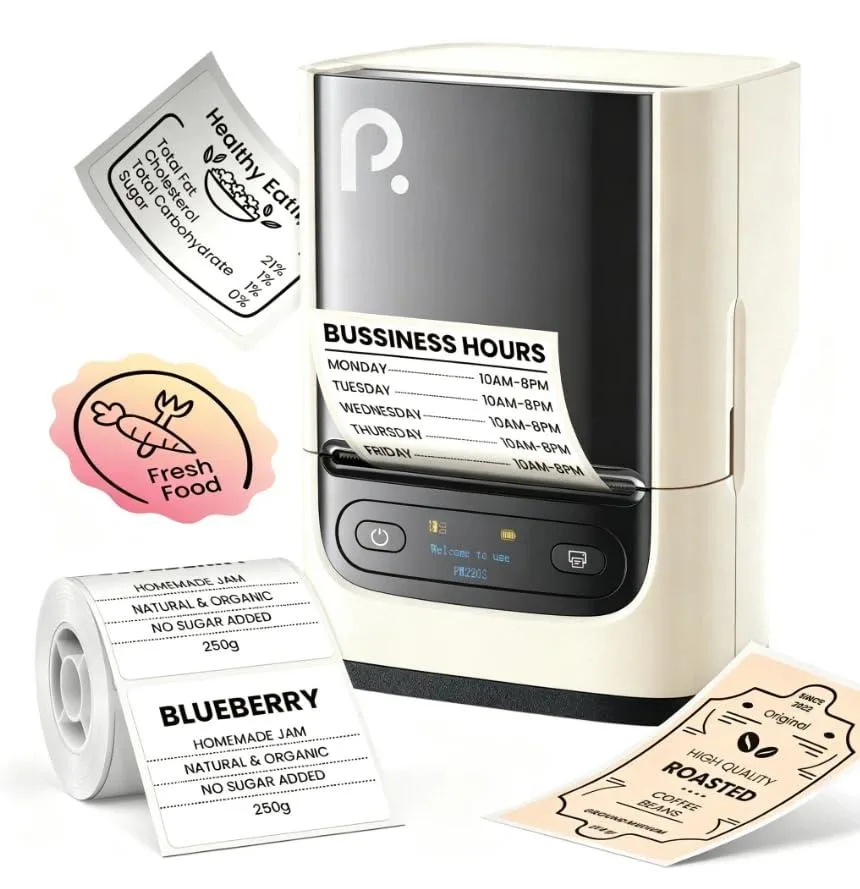 Compact white label printer with LED screen and Bluetooth, shown with included label tape