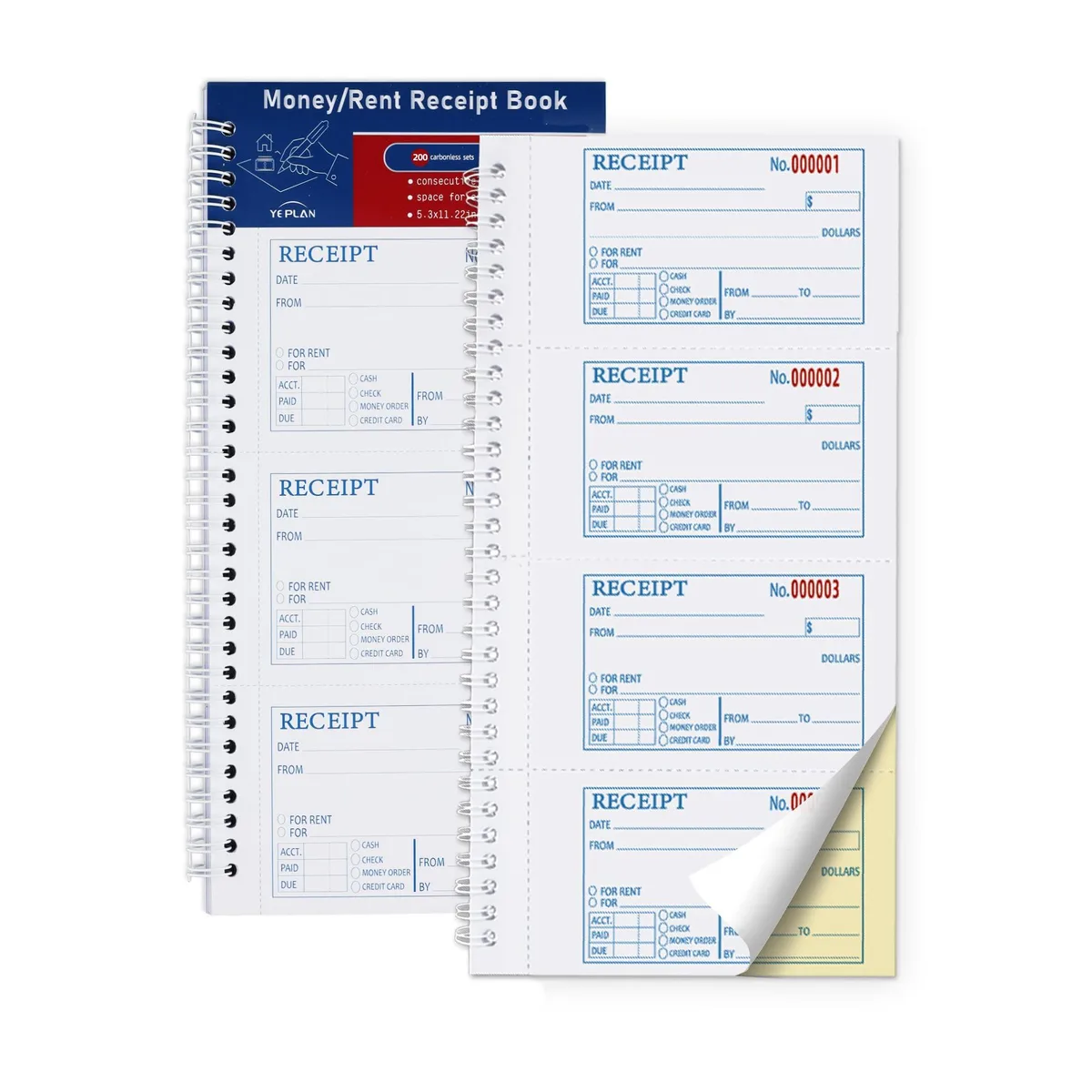 White spiral-bound receipt book, 5.31 by 11.22 inches, carbonless two-part forms