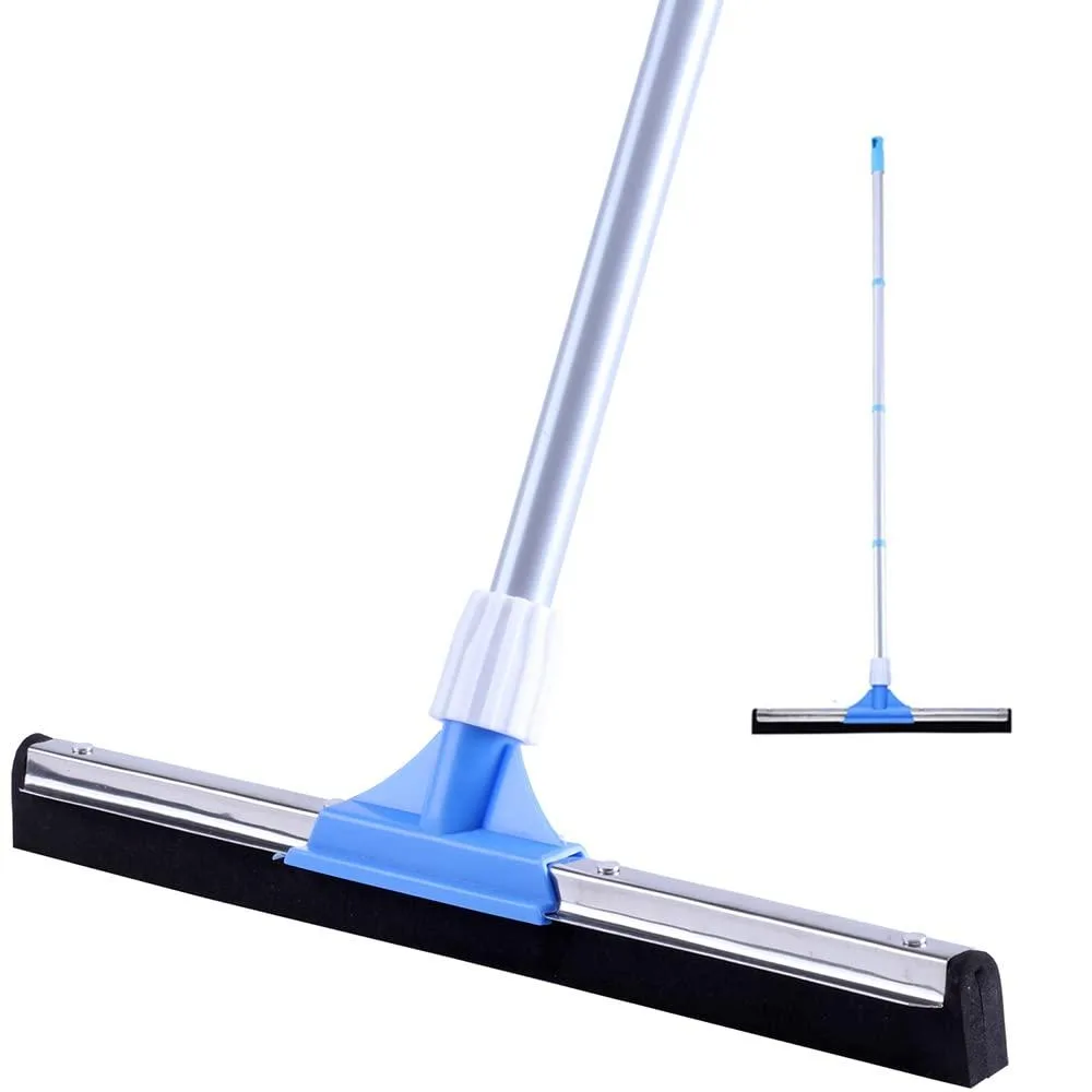 Blue floor squeegee with 17.5 inch foam head and four silver iron poles extending to 50 inches