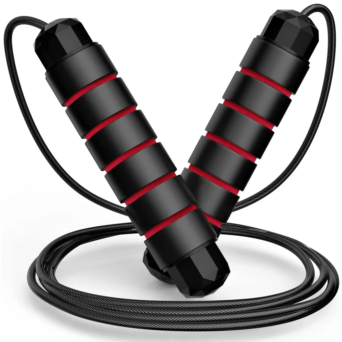Black adjustable jump rope with foam handles, 9.8 ft steel cable