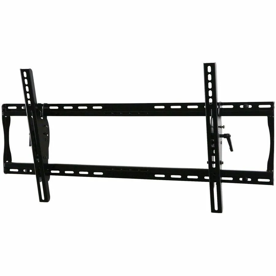 Black metal tilt wall mount with rectangular wall plate and adjustable arms, ratcheting handle visible
