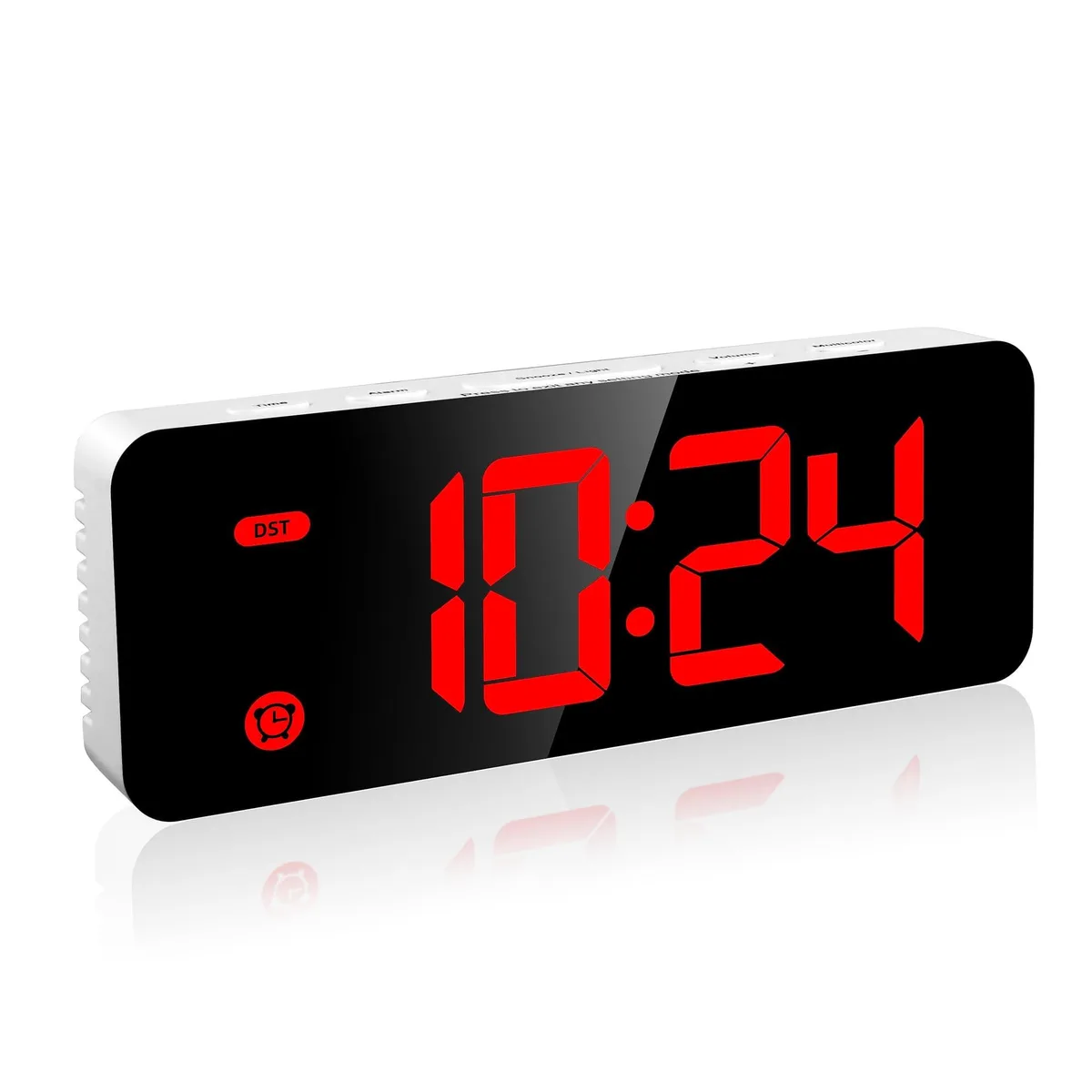 Small red rectangular digital clock with white display and USB cable