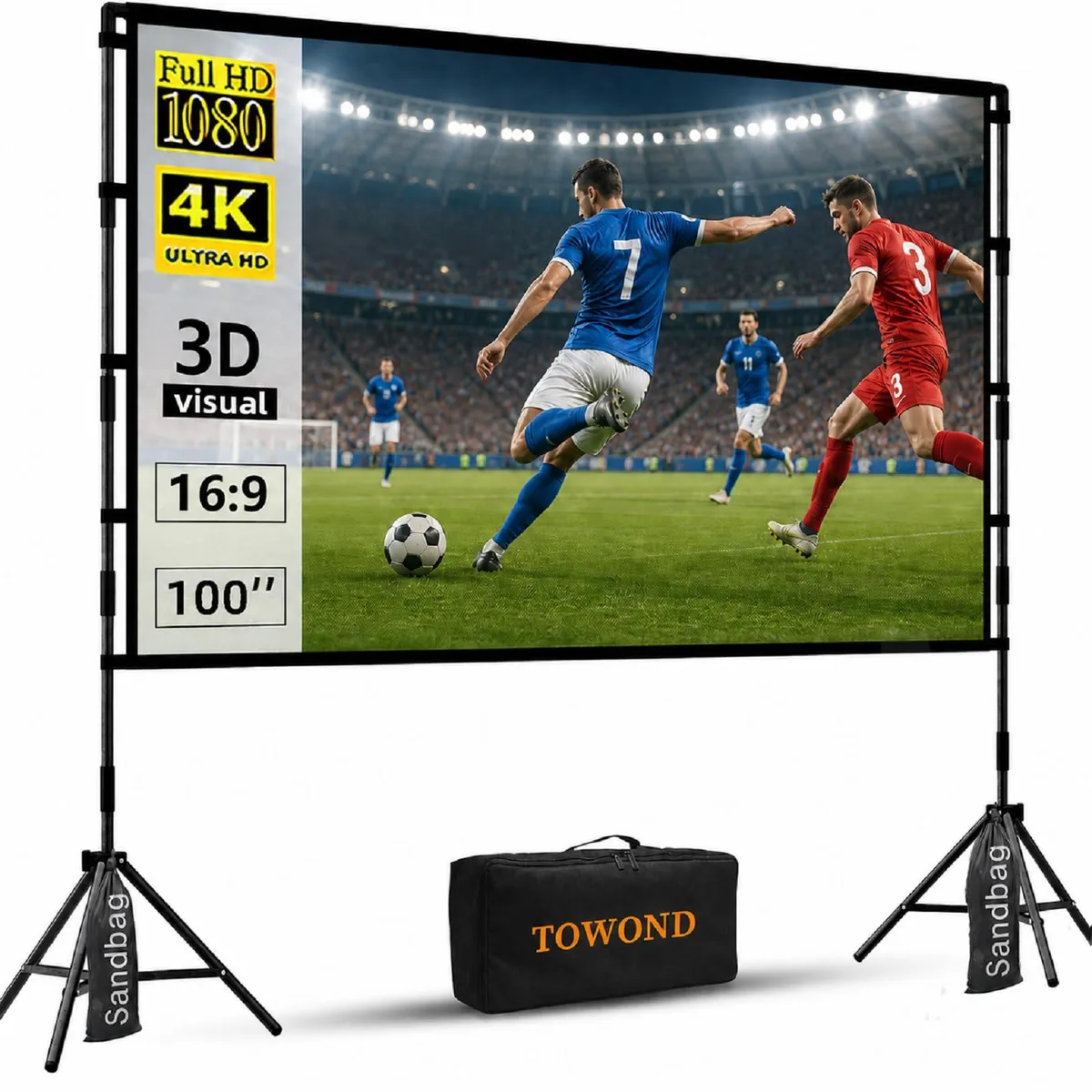 White 100 inch projector screen on tripod stand with carry bag