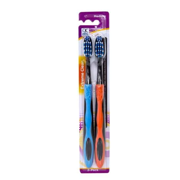 Two blue manual toothbrushes with ergonomic rubber grip handles and compact heads