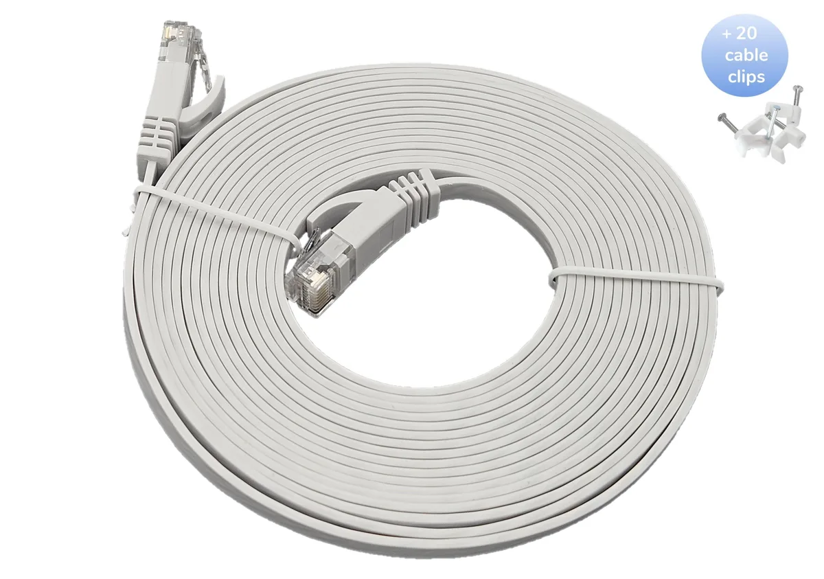 Micro Connectors Micro Connectors 75 ft Cat 6 UTP Flat Ethernet Cable White 1.2 mm 30 AWG 20 clips — product photo
